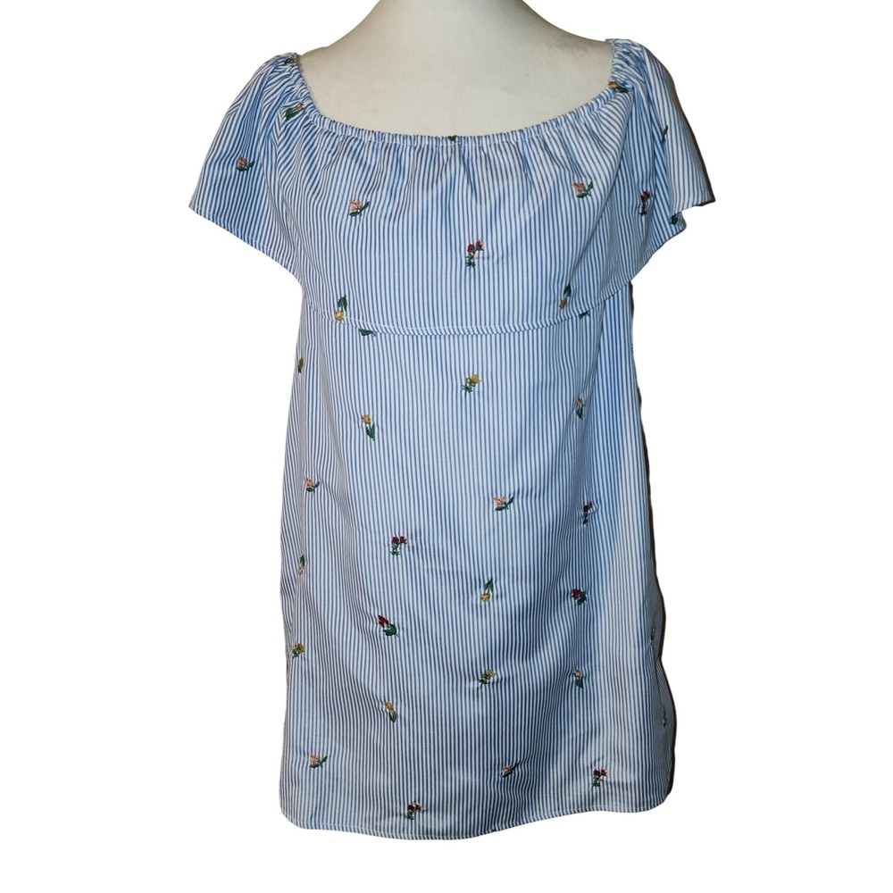 Crescent Blue White Striped Floral Embroidered Off Shoulder Mini Dress Size S